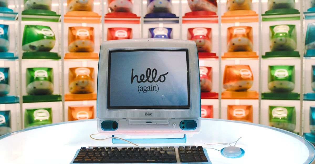 Retro Apple iMac G3 display showcasing technology evolution with colorful computer units.